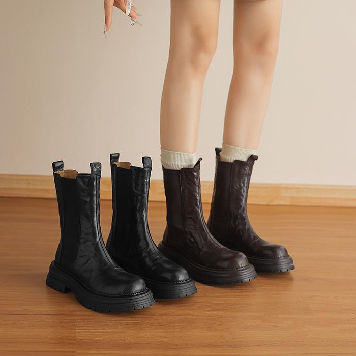 伦敦街拍～！厚底烟筒靴英伦风切尔西靴女真皮马丁短靴