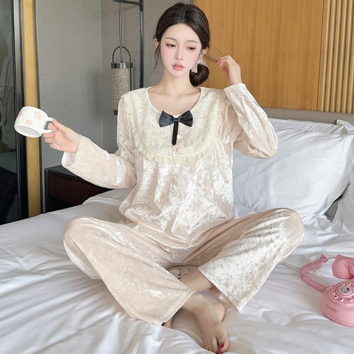 睡衣女春秋冬季金丝绒长袖大码可外穿25新款家居服钻石绒粉色套装