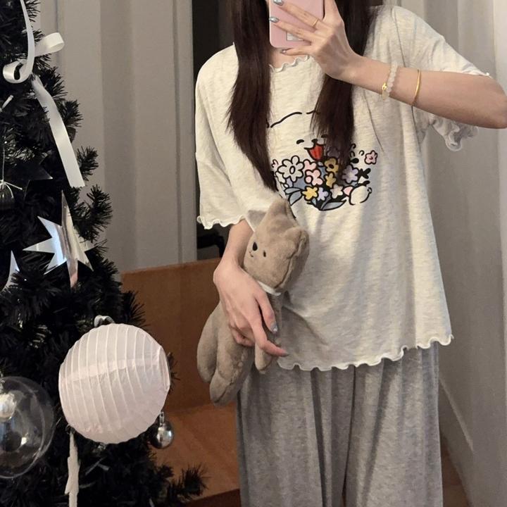 睡衣女夏季爆款2025新款短袖圆领休闲卡通莫代尔少女家居服套装薄