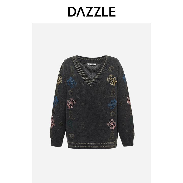 专选DAZZLE地素法式慵懒V领提花针织毛衣2E3E4326G