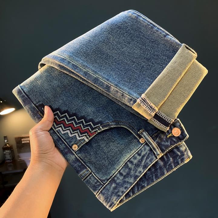 轻奢复古口袋刺绣牛仔裤男春秋新款潮牌痞帅微哈伦小脚裤锥形长裤