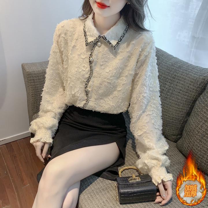 洋气高档加绒蕾丝打底衫女款爆款2025新款秋冬装气质宽松长袖衬衫
