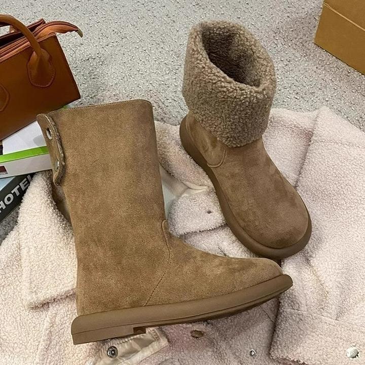 欧货新款两穿翻边平跟中筒靴女冬翻毛软皮加绒雪地靴保暖棉靴