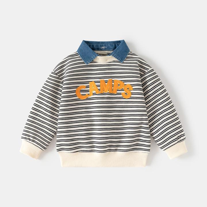 秋季时尚童装男童假两件卫衣条纹可拆卸衬衫领宝宝洋气上衣