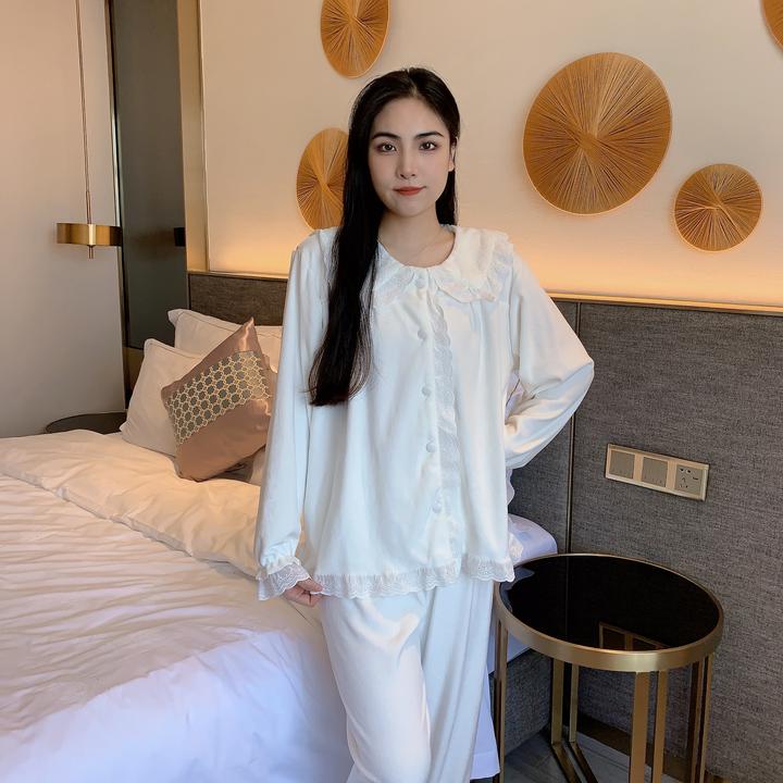 新款海岛绒娃娃领纯色花边秋冬款双面绒家居服保暖两件套