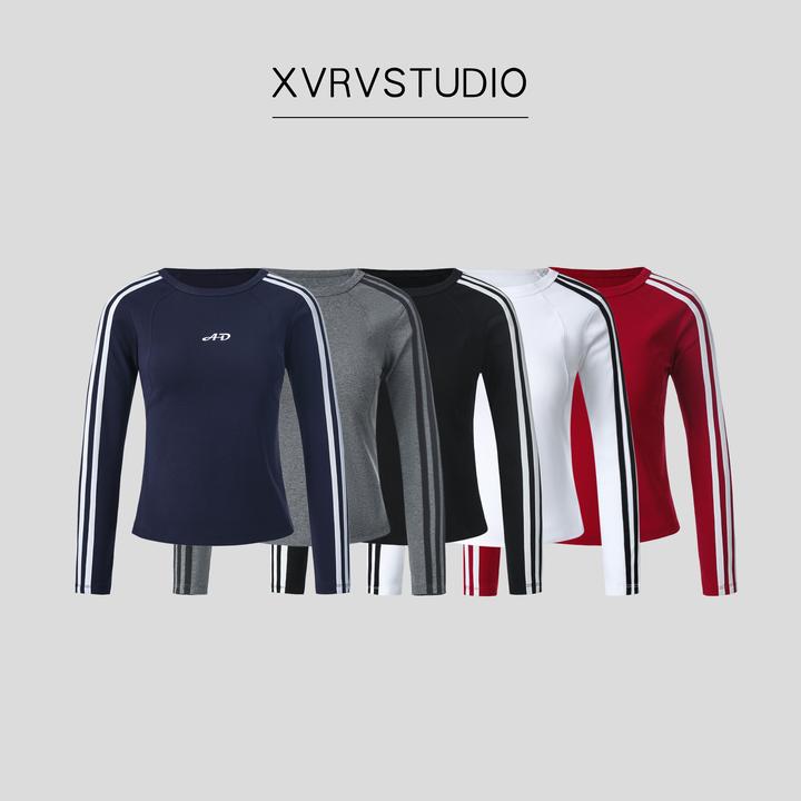 XVRV加绒秋冬新品2025三条杠运动上衣圆领套头字母印花长袖