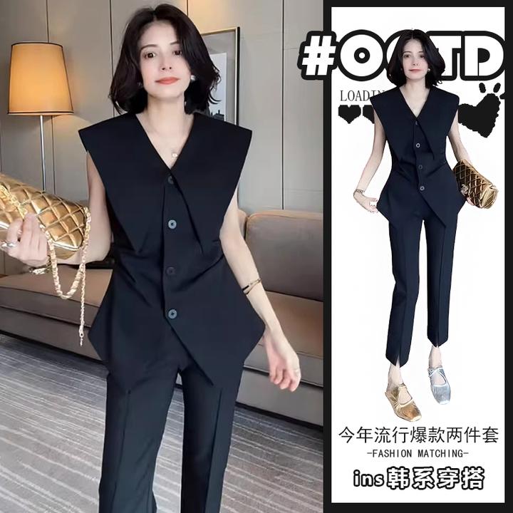欧货西装马甲套装女夏季海军领无袖收腰马夹显瘦开叉九分裤两件套
