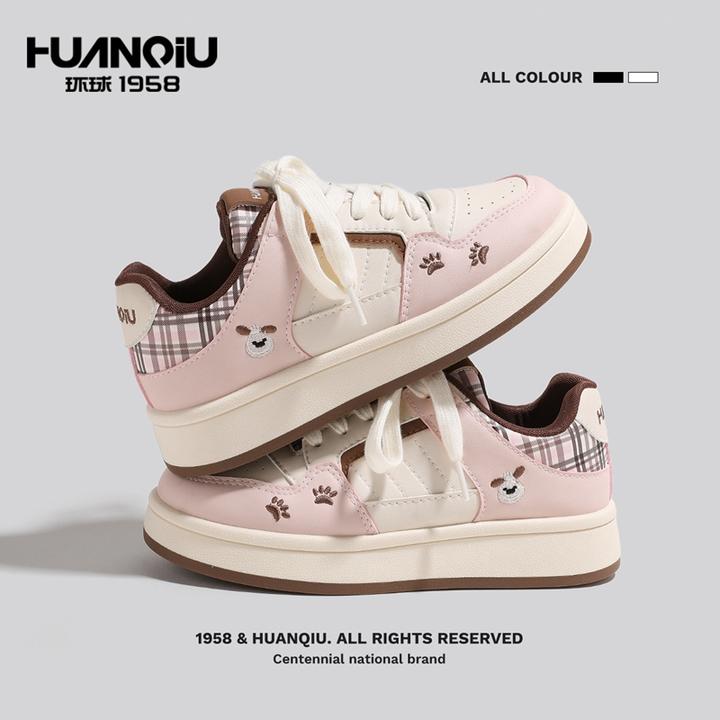 环球爆款软萌小狗爪印板鞋拼色格纹厚底小白鞋少女可爱风休闲鞋