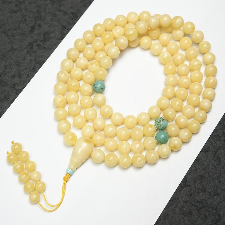 蜜蜡108佛珠9.5+mm俄料浓蜡黄白花蜡天然原矿无优化男女精选百搭