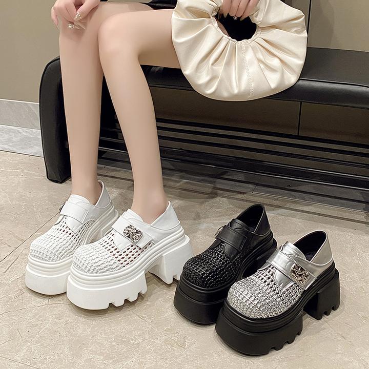 欧货2025春夏新款厚底编织镂空真皮乐福鞋女小个子增高镂空小皮鞋