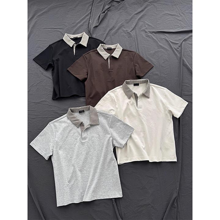 老钱风千鸟格短袖男夏季美式boxy正肩t恤高级感海鸥领半袖polo衫