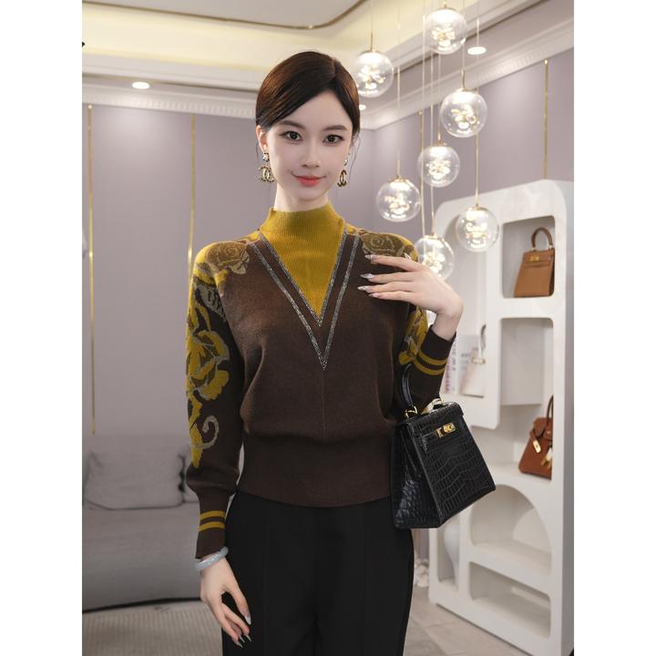 2026秋冬爆款【ZM-1023JR】含绵羊毛法式慵懒风撞色黄色针织毛衣