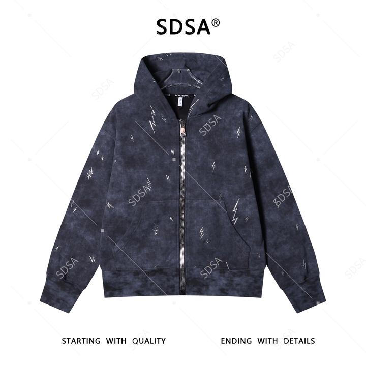 SDSA男士秋冬新款痞帅男装休闲国潮复古滴胶拉链连帽卫衣百搭舒适