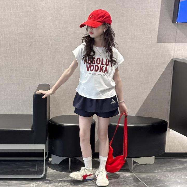 女童短袖T恤夏季2025裤裙儿童洋气时髦短款上衣大童休闲夏装潮酷