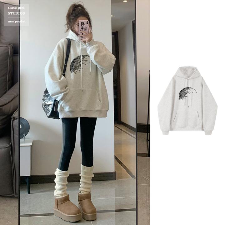 2025秋冬季新款连帽卫衣女中长款韩版宽松休闲上衣百搭加绒加厚潮