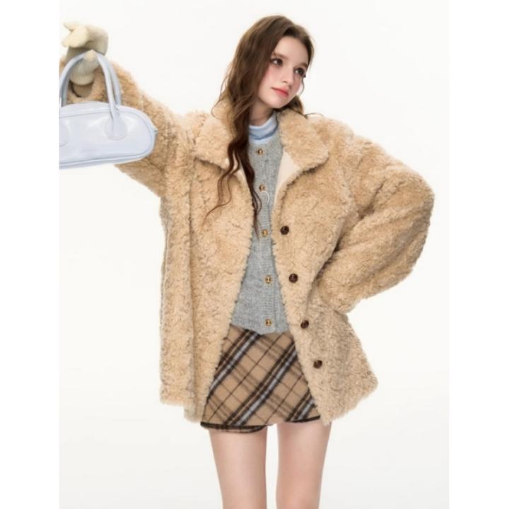 “燕麦黑巧”立领宽松圈圈环保羊羔毛皮毛一体上衣女冬加厚毛毛外套