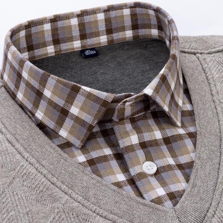 冬季加绒加厚假两件男士衬衫长袖保暖青中年爸爸男装针织衫毛衣