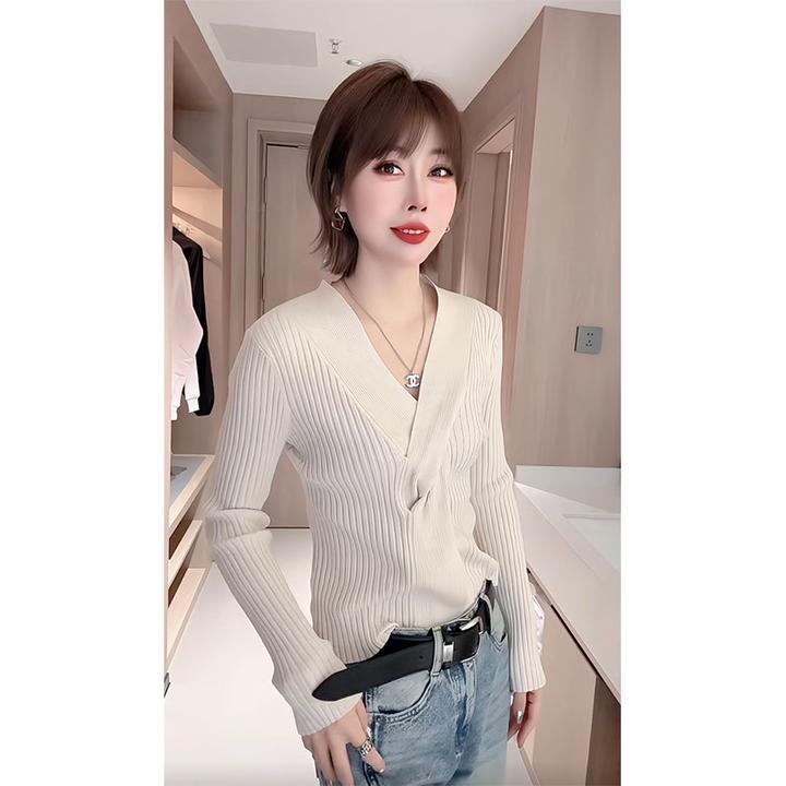 纯欲V领交叉扭结长袖针织衫女2025秋冬款内搭气质打底衫上