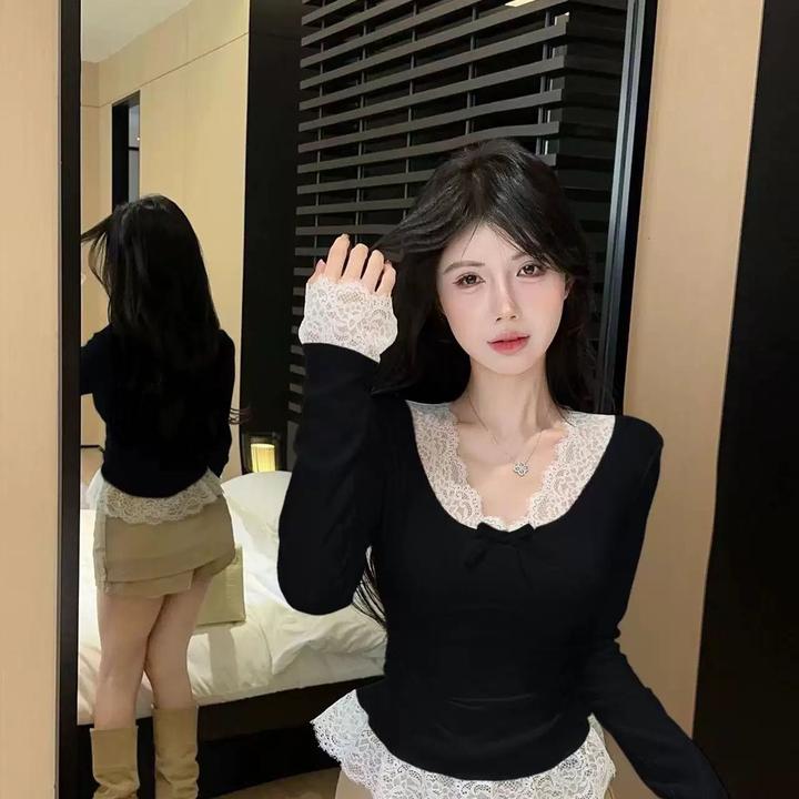 【现货】法式温柔蝴蝶结v领长袖t恤女秋季芭蕾风蕾丝边拼接打底上衣