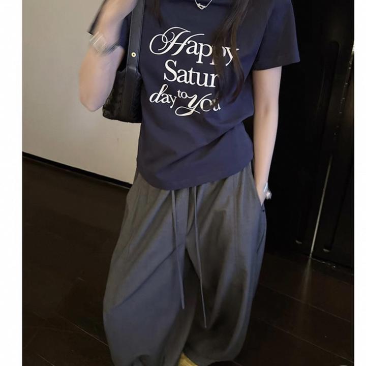 2025夏季新款韩版时尚百搭圆领休闲正肩小众字母印花短袖T恤女