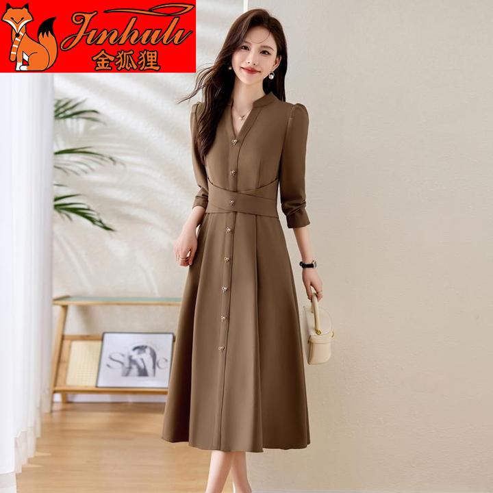 金狐狸长袖连衣裙女春秋2024年新款时尚气质高级感收腰显瘦中长