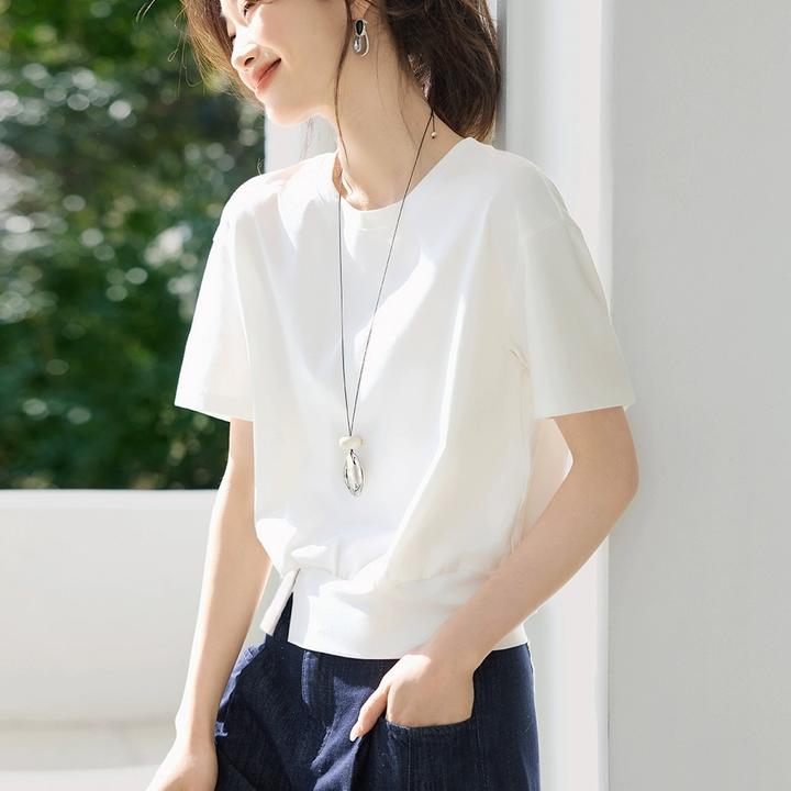 休闲百搭设计感下摆开叉装饰扣短袖T恤2025夏季新款T恤女品质女装