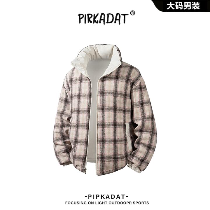 Pirkadat秋季新款立领格子夹克男美式复古时尚休闲宽松保暖外套男