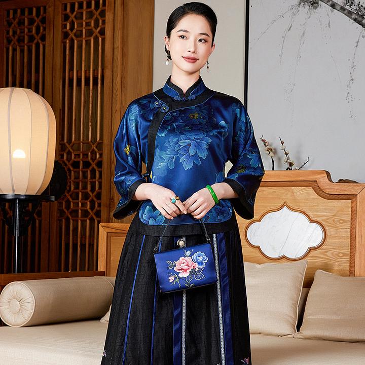 【花漾蓝漪】40姆米重缎香云纱蓝色国风太太服复古唐装上衣W25855