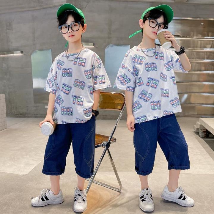 新款夏季童男短袖T恤上衣字母印花休闲宽松帅气中大男孩纯棉洋气