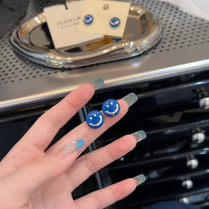 卡柒 铜合金耳饰 韩系蓝色笑脸耳钉女时尚简约小众设计高级感耳饰
