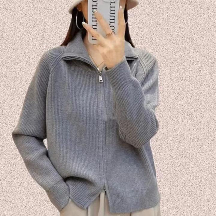 灰色绒半高领立领双拉链毛衣外套女秋冬加厚外搭外穿针织开衫