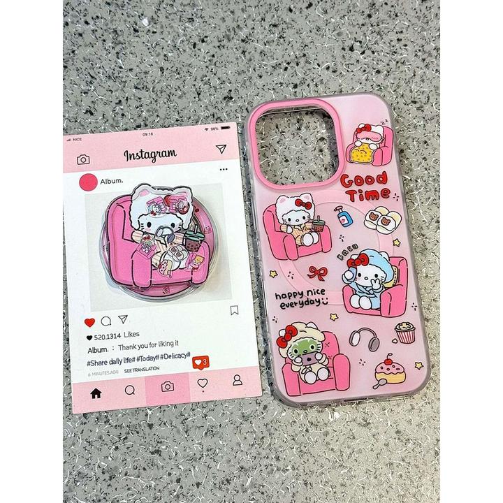 粉色沙发KT猫磁吸镜子支架iPhone16promax适用苹果15手机壳14女13