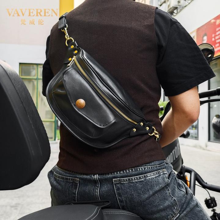 植鞣牛皮斜挎胸包男士潮ins手工复古真皮腰包大容量机能单肩包