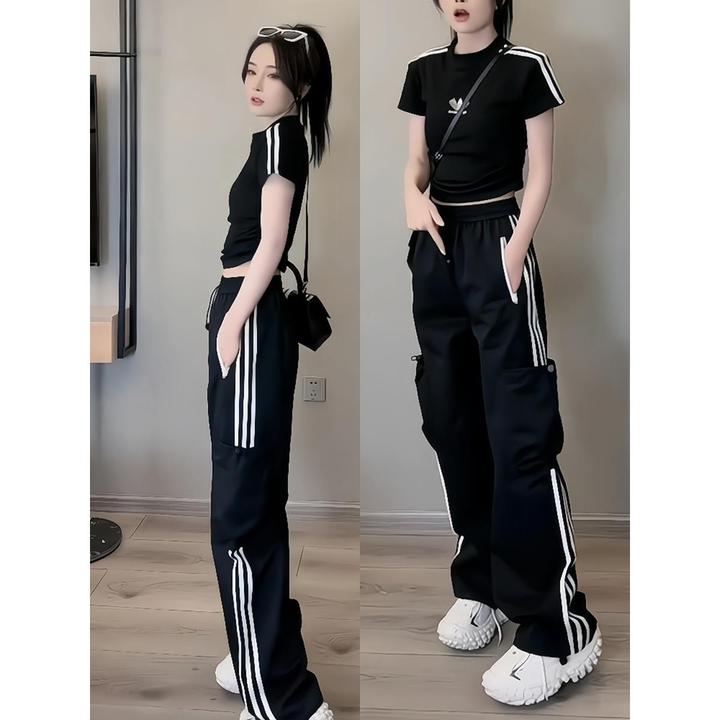 休闲风运动服两件套女夏季时尚直筒阔腿裤子黑色短袖百搭修身套装