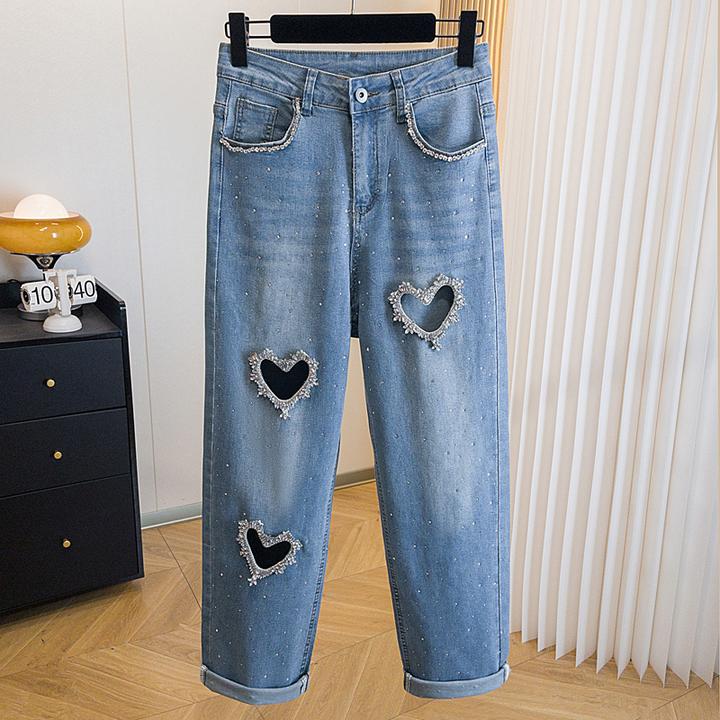 夏季高腰显瘦破洞窄版直筒长裤大码小众欧货重工钉珠烫钻牛仔裤子