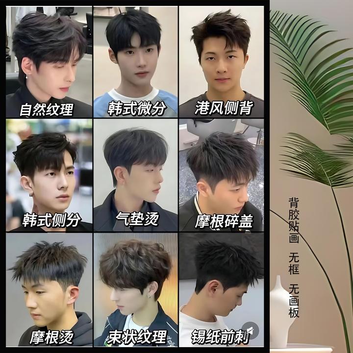 理发店背胶发型自粘贴画海报流行男士烫发型图 美发店发廊装饰画