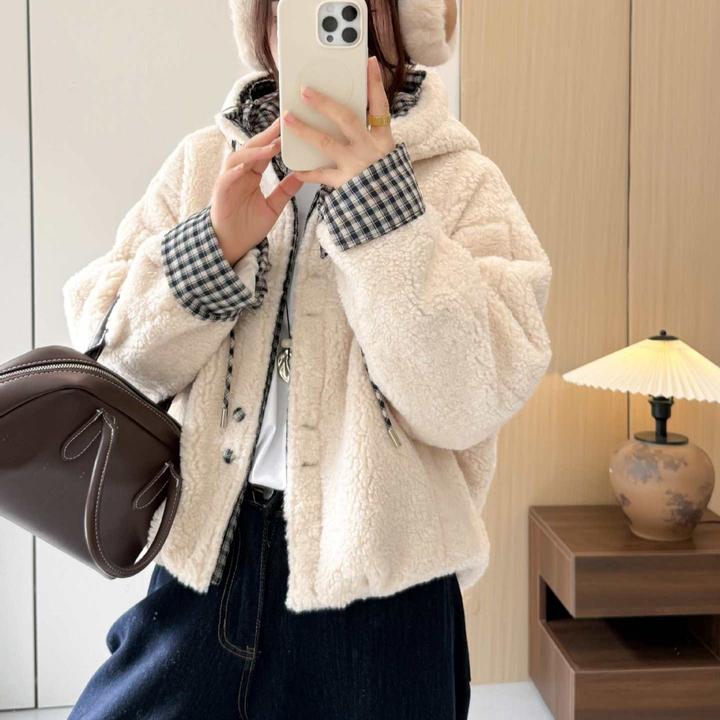 韩系羊羔毛连帽拼接格子外套女2025秋冬新款时尚百搭外套上衣潮