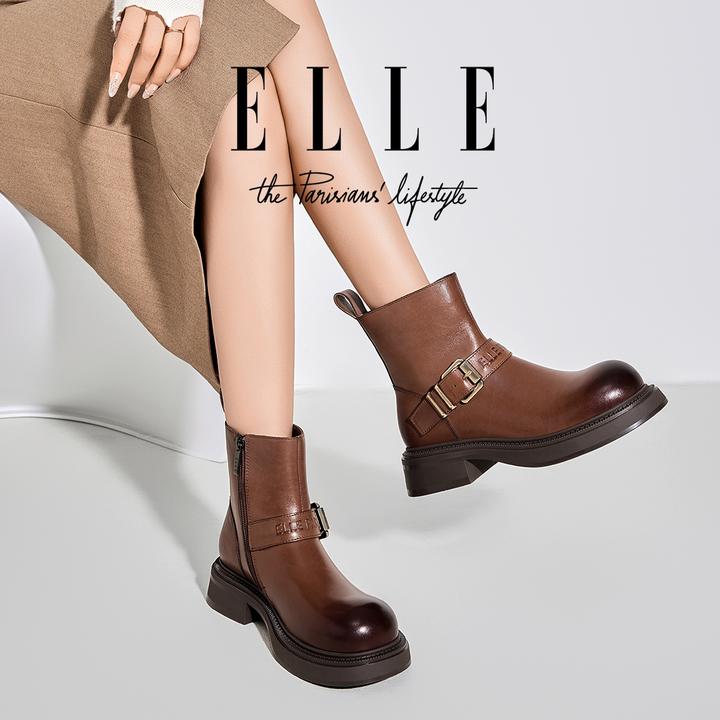 ELLE棕色真皮马丁靴女2025新款复古西部牛仔靴皮带扣百搭洋气短靴
