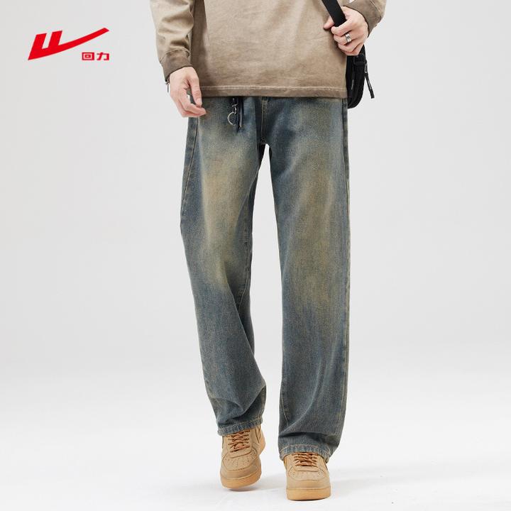 回力cleanfi秋冬加绒加厚牛仔裤美式复古男生阔腿直筒宽松工装裤