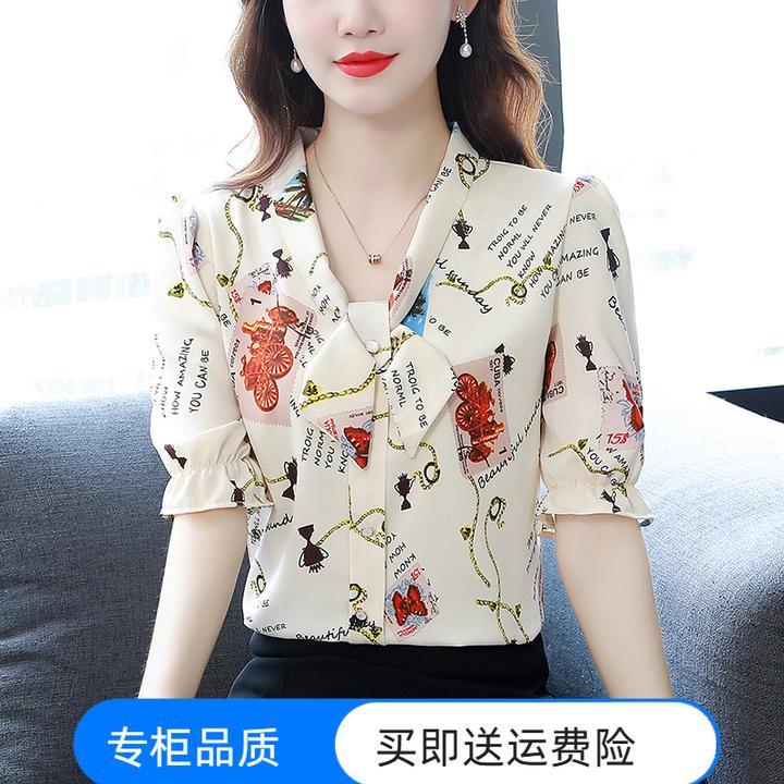 2024时尚妈妈装夏季新款短袖蝴蝶结款百搭小衫雪纺衫显瘦女装