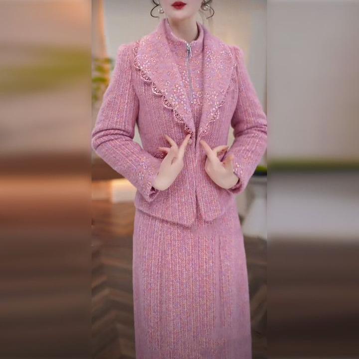 雪花绒两件套2025秋季新款时尚气质修身显瘦新中式外套连衣裙套装