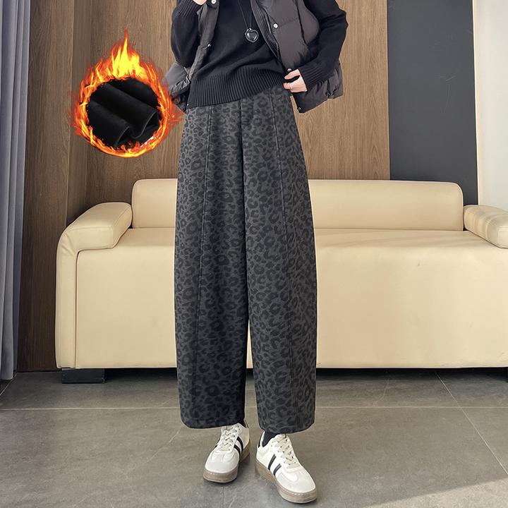 加绒加厚豹纹阔腿裤秋冬小个子宽松慵懒风显瘦九分休闲镰刀弯刀裤
