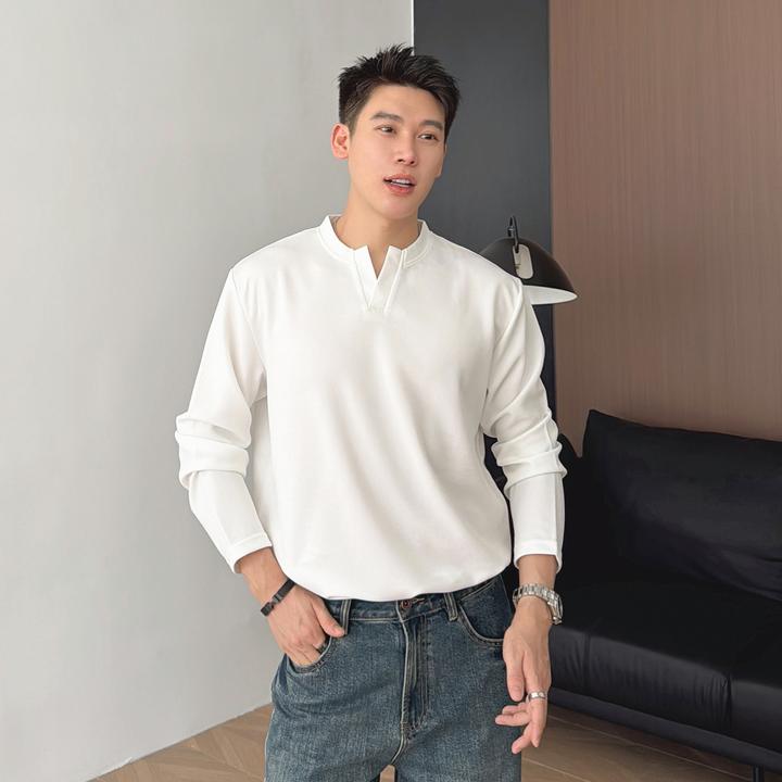 朱渣渣垂坠感V亨利领长袖T恤男款春秋痞帅高级感纯色上衣打底衫潮