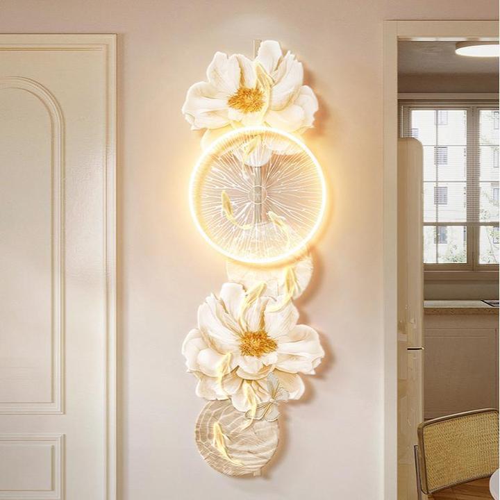 奶油风花卉入户玄关装饰画九鱼图走廊过道挂画肌理窄细长条壁画灯