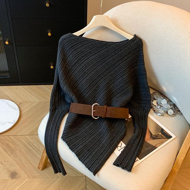 法式复古斜肩长袖针织衫女秋冬2025新款不规则下摆毛衣配腰带上衣