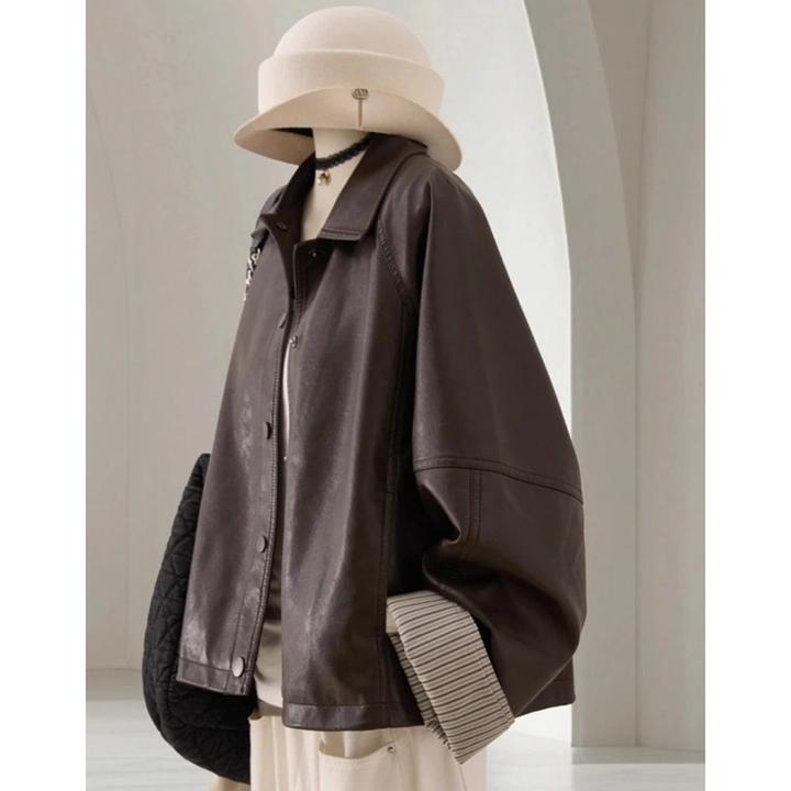 特大码300斤棕色PU皮外套女秋冬新款拼接设计感韩系显瘦短款上衣