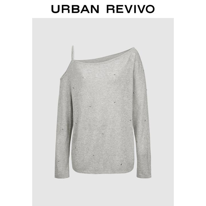 UR2025秋季新款女装时髦斜肩领镂空铆钉长袖针织衫UWG950156