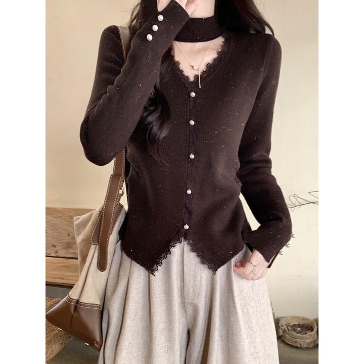 时尚气质蕾丝花边拼接挂脖V领针织衫女冬季加绒修身内搭绝美上衣