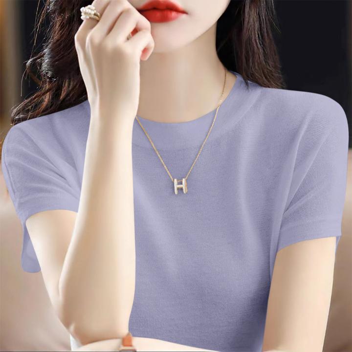 2025夏季新款女装纯色宽松显瘦T恤上衣熏衣紫圆领包肩短袖针织衫