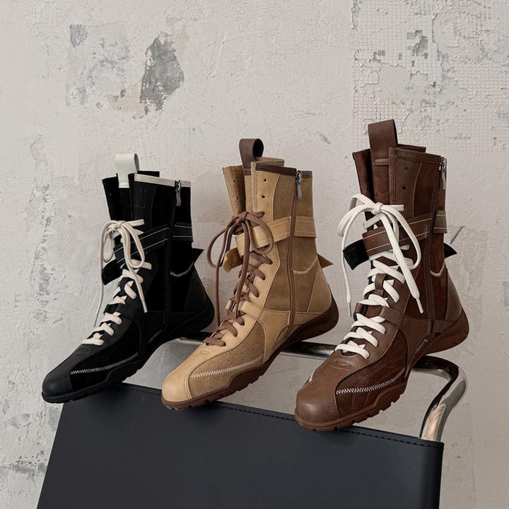 牛皮版~平底内增高复古马丁靴女韩版圆头系带运动短靴棕色拳击靴